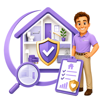 An Aging In The Comfort Of Home® safety evaluator beside a cutaway home showing grab bars, handrails, and accessibility features, a home-safety checklist, and a shield with a checkmark, representing the free C-Easy&trade; Safe Home Evaluation