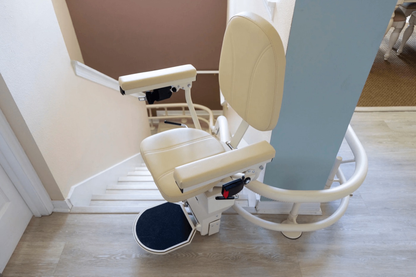 Curved stairlift parked clear of the landing
