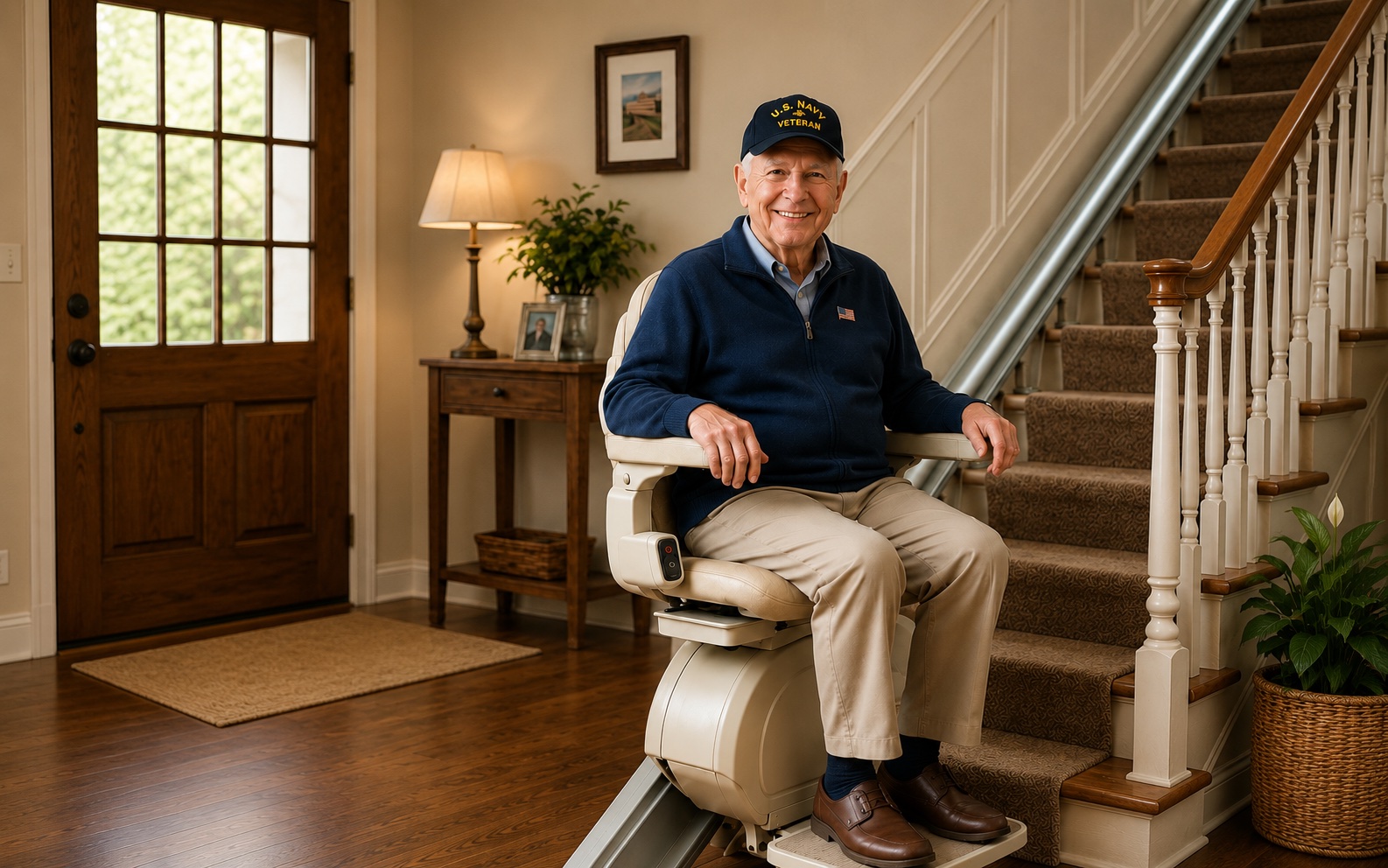 Smiling senior U.S. Navy veteran seated on a stairlift on a residential staircase by Aging In The Comfort Of Home®