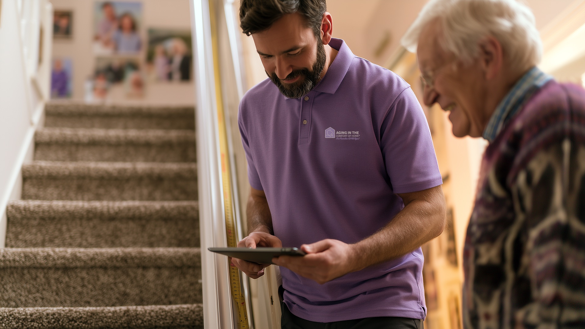 Aging In The Comfort Of Home® stairlift installed on a residential staircase